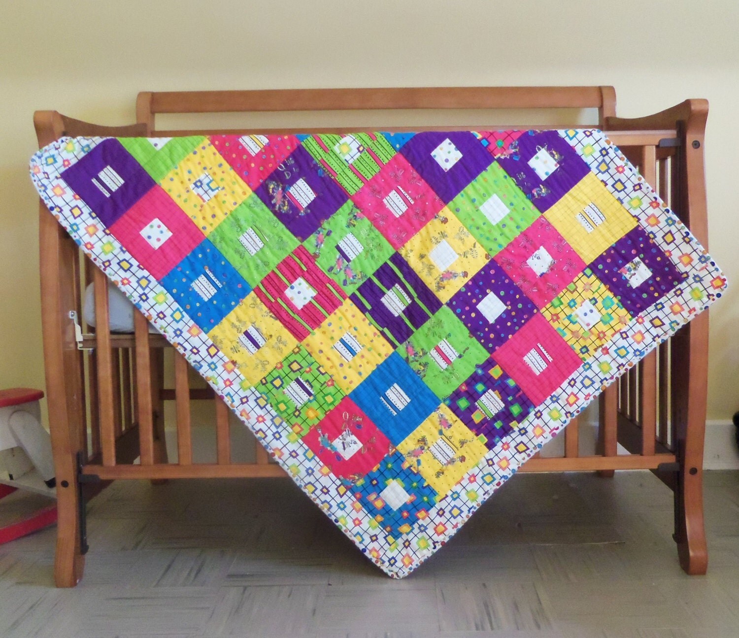 SALE 20 OFF Crib Quilt Blanket Baby Girl Hand Quilted Bright