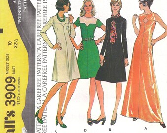 1970s Misses Knee or Floor Length Dress Pattern, McCalls 3909, Size 10, Bust 32.5