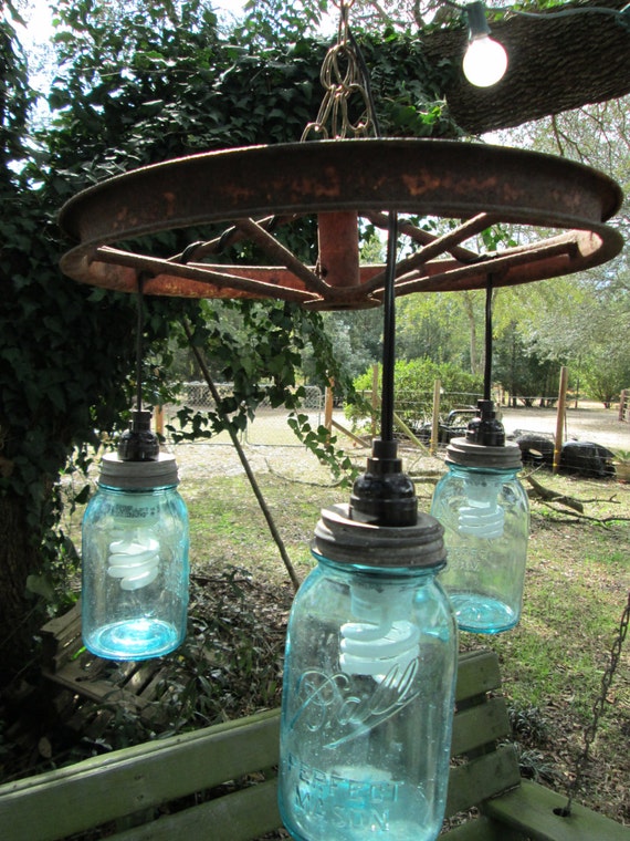 Rustic Wagon Wheel barn loft pendant lighting blue and rusty