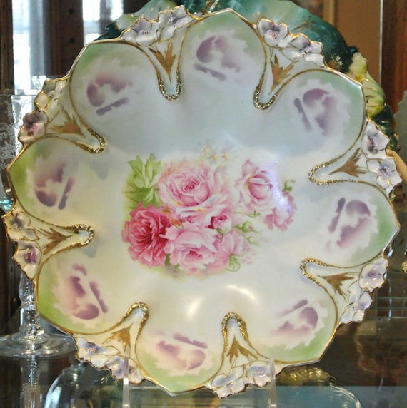 RS Prussia Bowl Antique Porcelain 1900s Victorian Art Nouveau Cottage Chic Home Decor Wedding Germany Star Wreath Pink Roses Blossoms