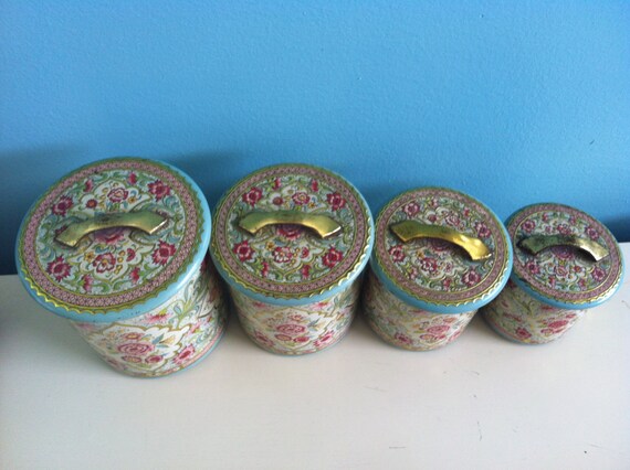 Vintage Tin Canister Set Floral Shabby Chic Aqua Pink Cream