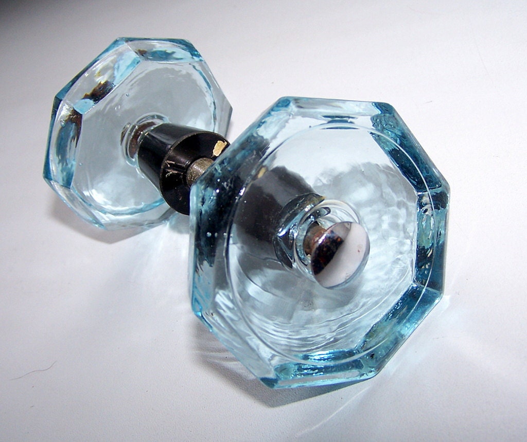 Vintage Blue Glass Door Handles. Set of 2 Door Knobs. Home