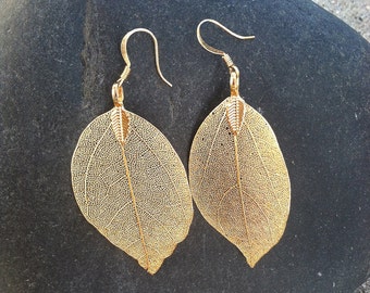 Real Leaf Earrings, Gold Dipped Leaf Earrings