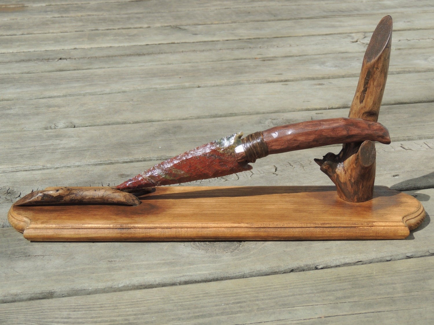 Flint Knapped Stone Blade Knife with Maple Handle and Stand