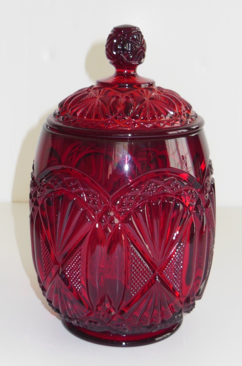 Vintage Ruby Red Glass Biscuit Jar With Lid