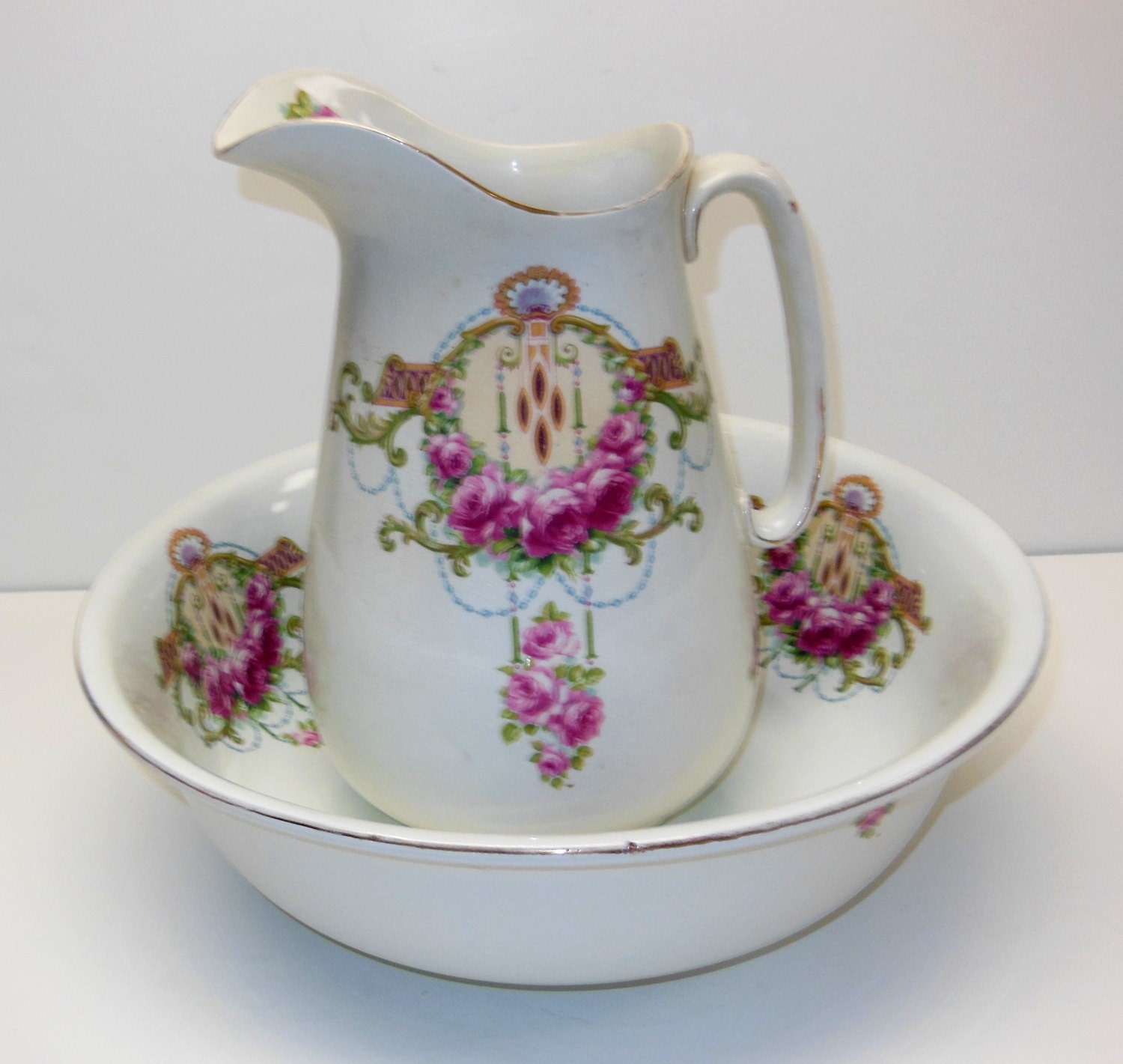 Antique Rosen Porcelain Wash Basin and Water Pitcher Set with