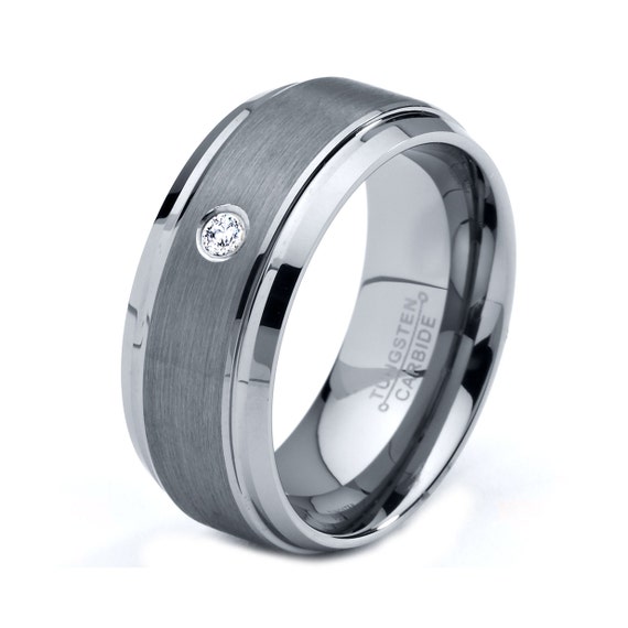 Mens Tungsten Carbide Wedding Band Ring 8mm White Diamond Brushed 5-15 ...