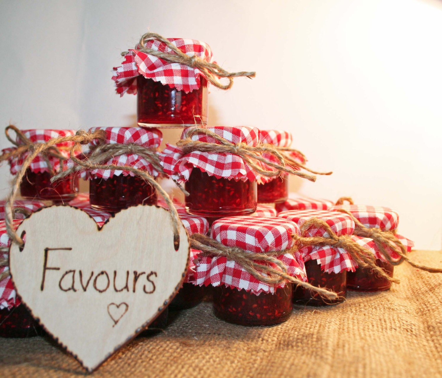 DIY Jam jar Wedding Favours with Red Gingham fabric covers