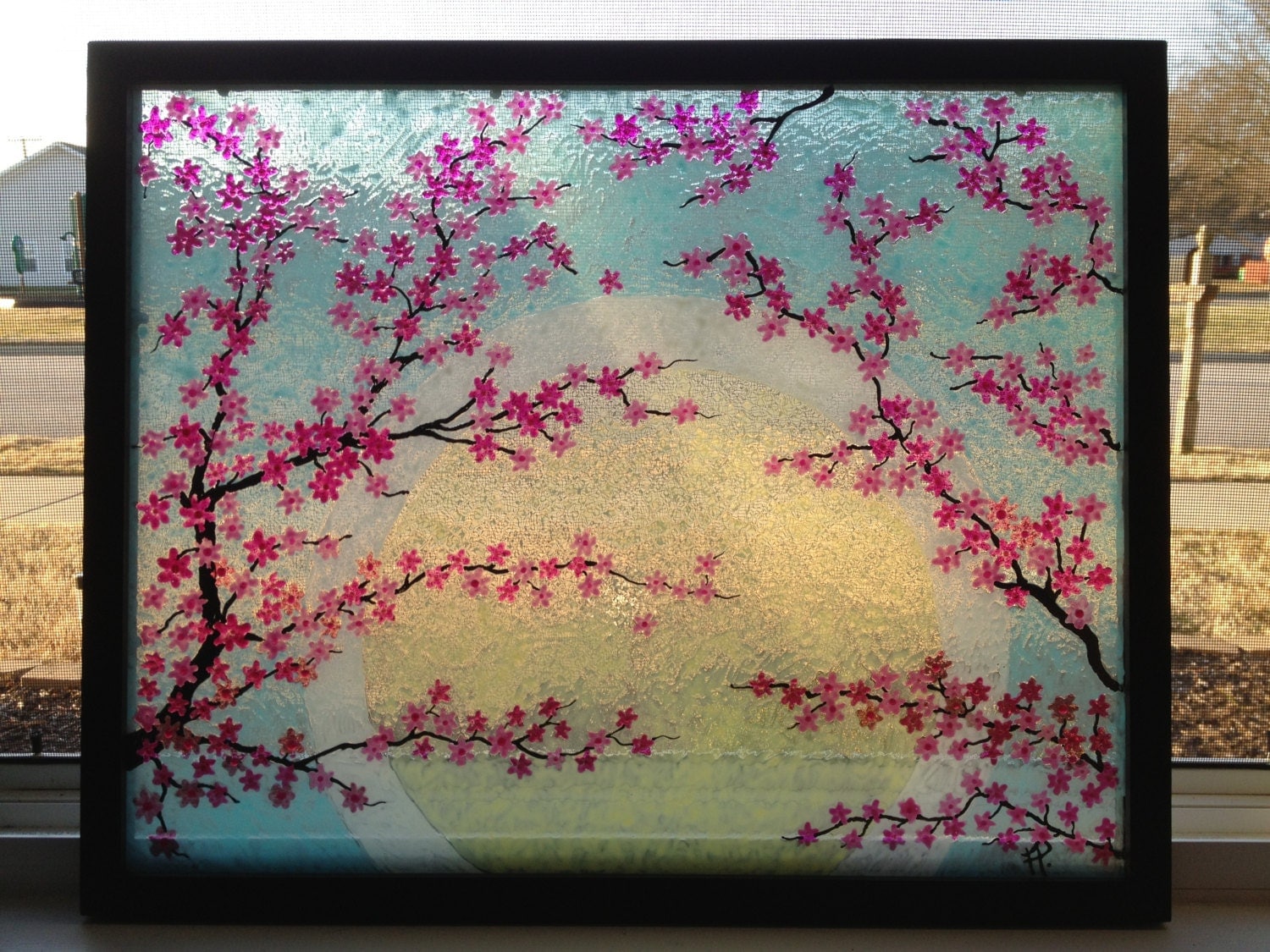 Cherry Blossoms Painted On Glass Stained Look