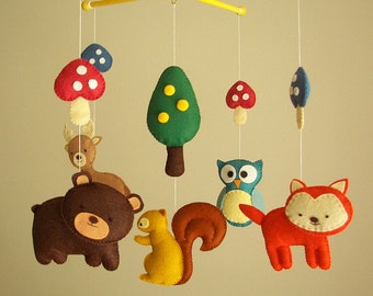 Baby crib mobile, forest mobile, animal mobile , felt mobile "Forest friends" - Fox, Squirrel, Owl, Bear, Raindeer