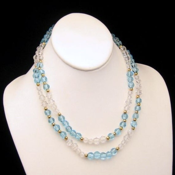 MONET Vintage Necklace Mid Century Blue Glass Beads Faux