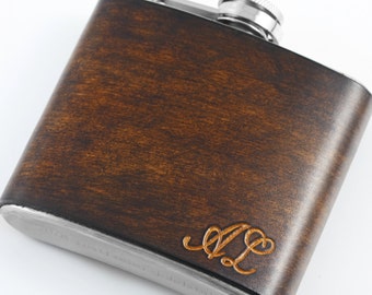Custom Italian Leather Flask. Hand Carved initials or name. 5 oz stainless steel.