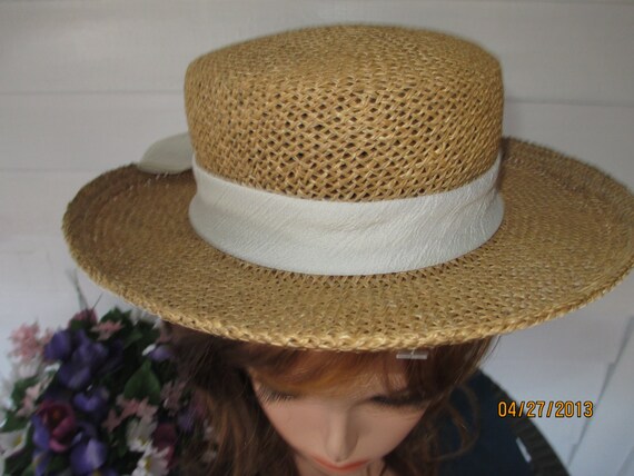 Vintage Natural Straw Hat With Crepe Ribbon And Bow