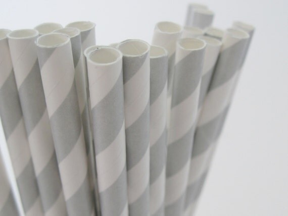 Metallic Silver Striped Paper Straws - Striped grey silver paper traws - gray paper straw - wedding paper straws -Silver paper straws stripe Il_570xn