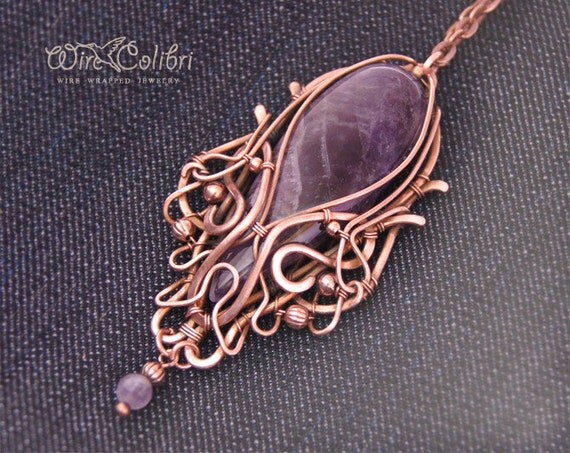 Amethyst stone pendant necklace wire wrapped jewelry