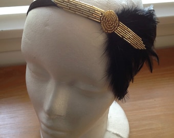 Flapper Headpiece gold fascinator, feather fascinator for flapper dress, Great Gatsby Headband GothamCity