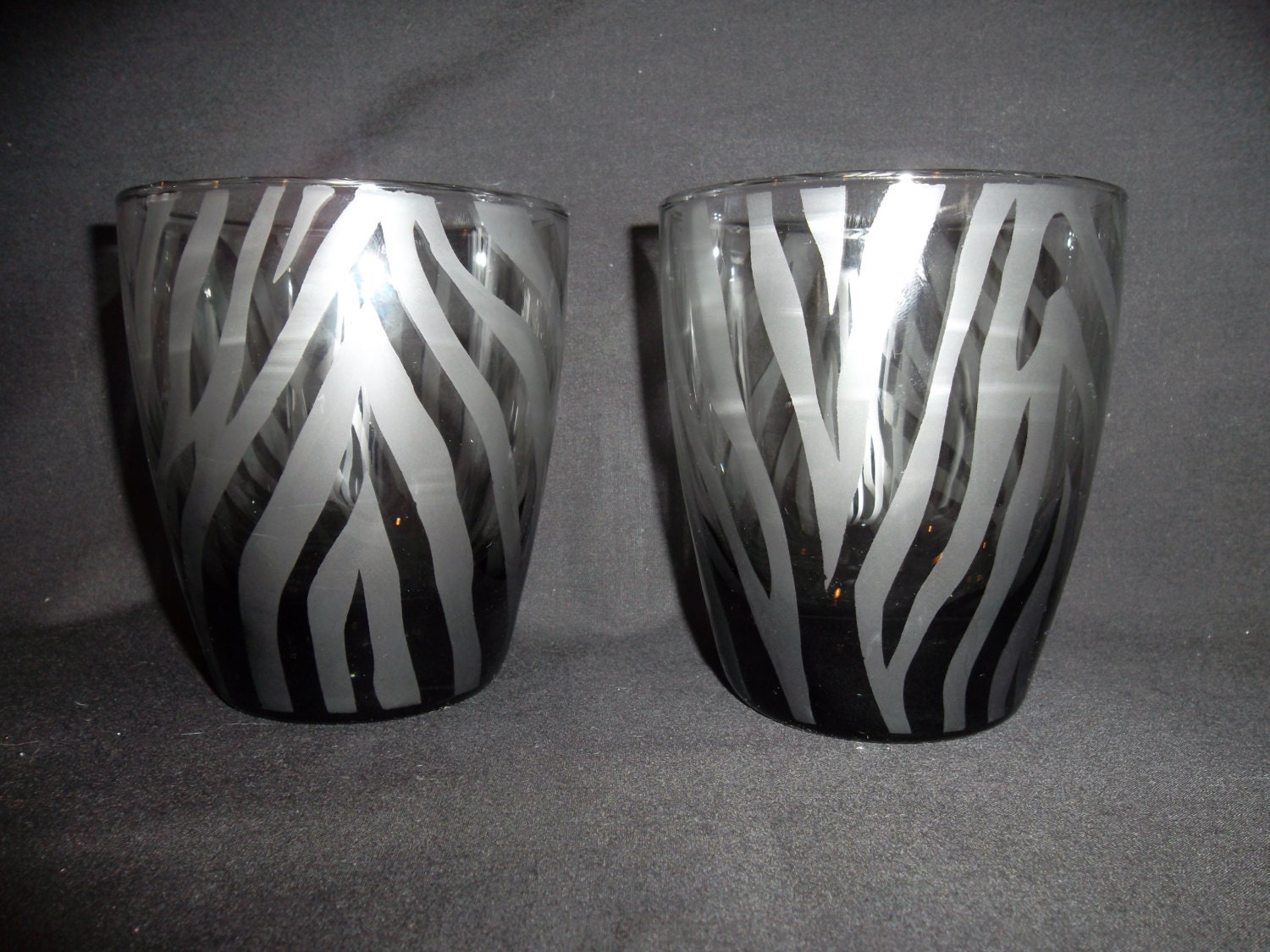 Zebra print etched glasses. Set of 2. Gift black glass