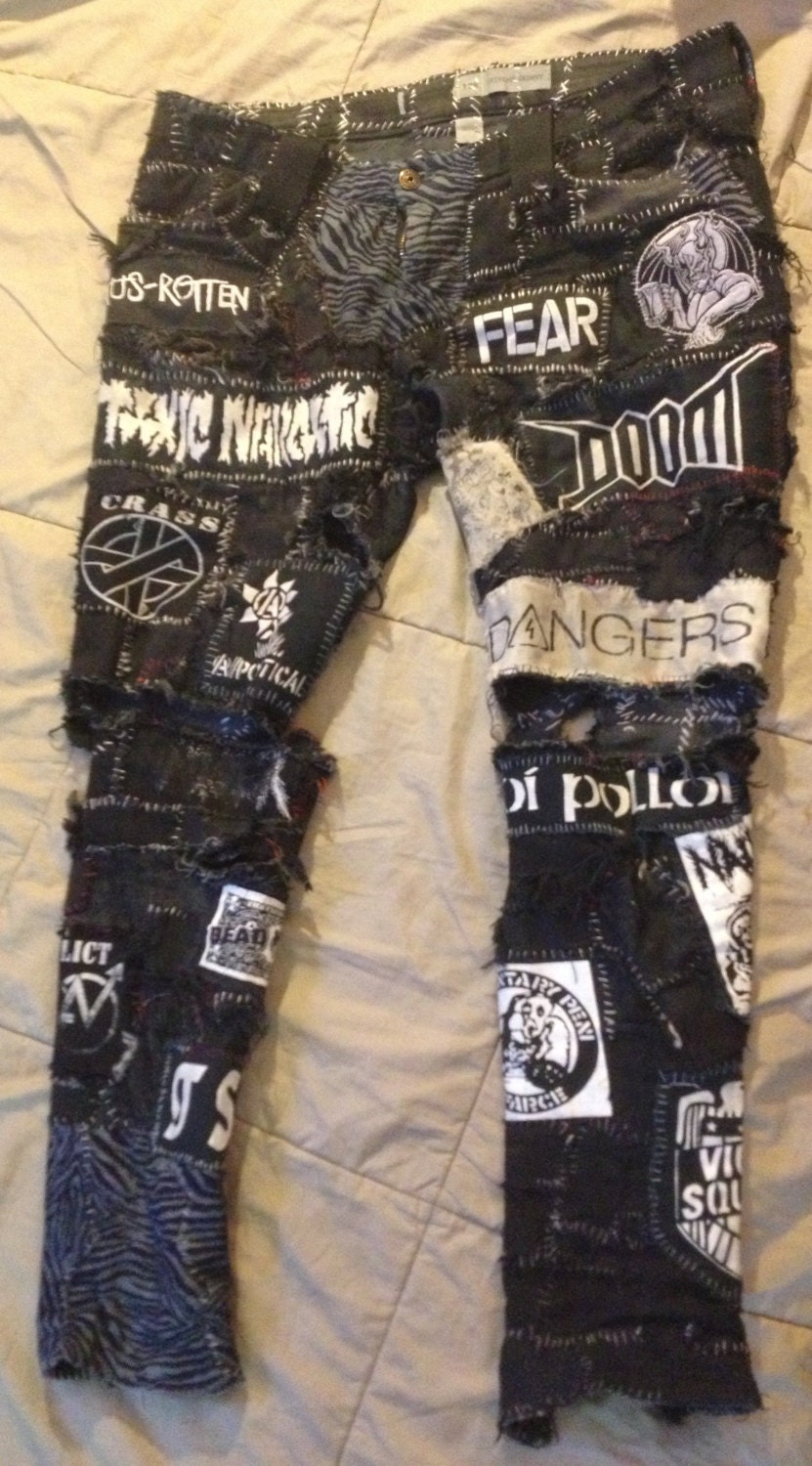 Items similar to Crust Punk Patch Pants Mixure Made To 