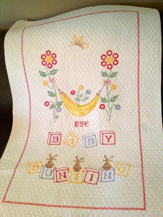 Items similar to Beautiful Vintage Hand Embroidered Baby Quilt on Etsy