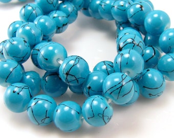 Turquoise Blue - Black Splatter 8mm Round Glass Beads Full Strand S3
