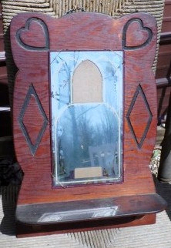 OLD Folk Art Mirrored Memory Shelf with Carved Wood Hearts