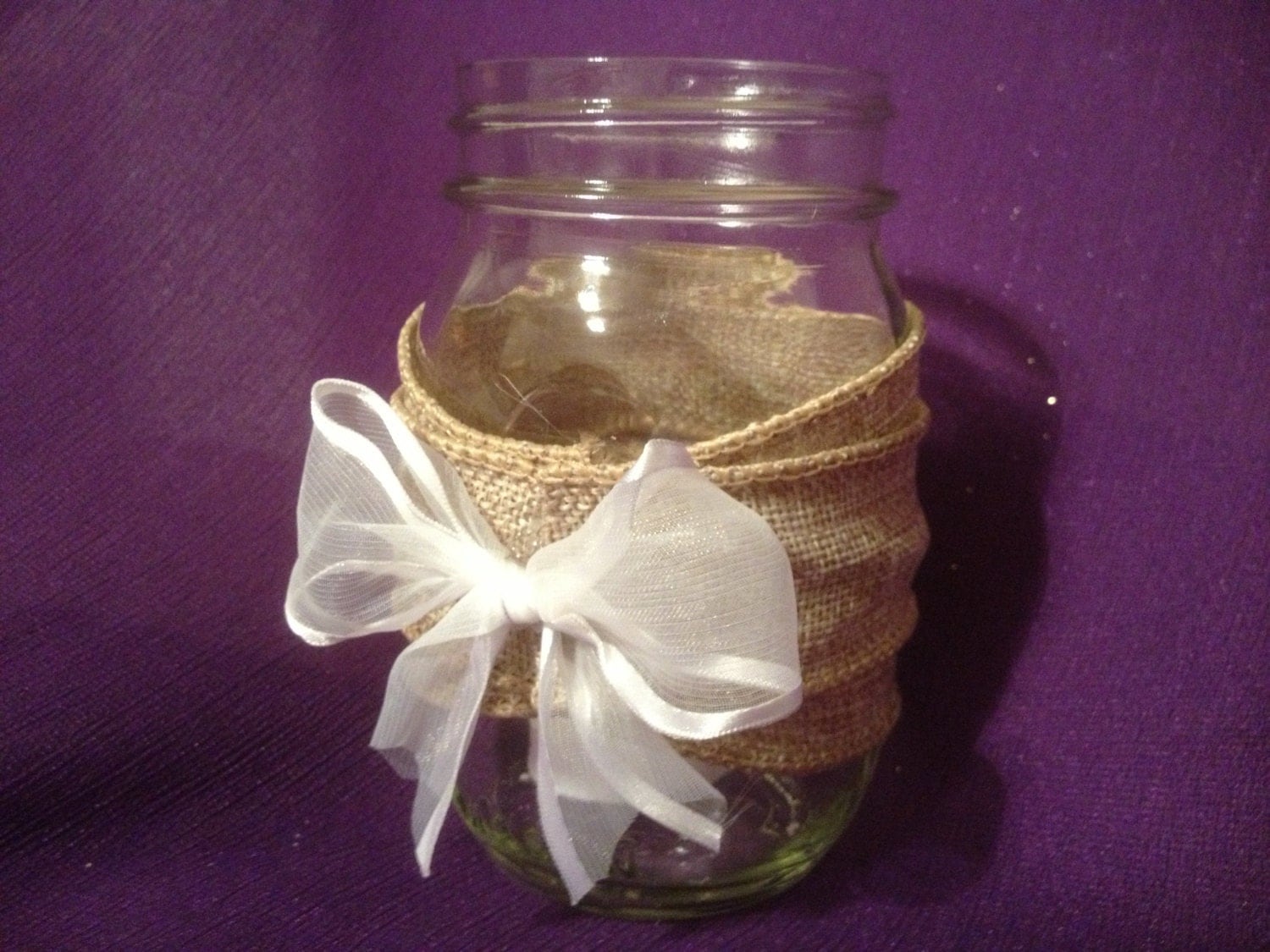 Set of 5 Burlap and White Ribbon Bow Mason Jar Centerpieces