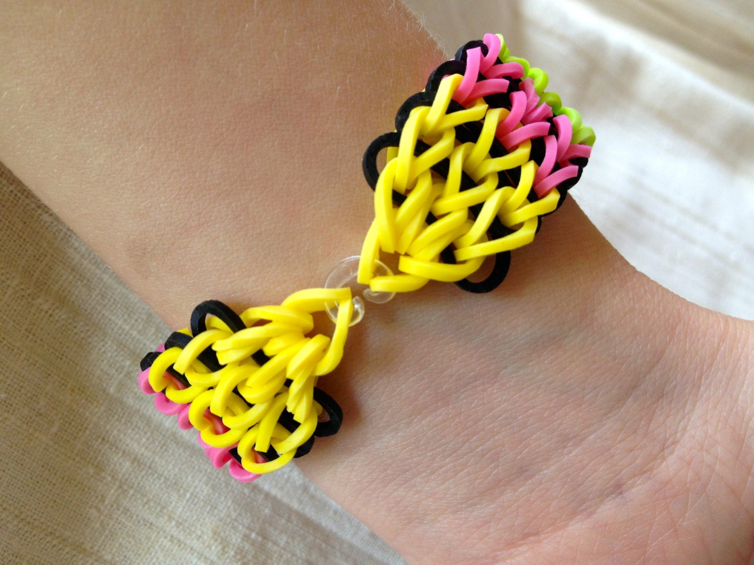 Rainbow Loom bracelet made from rubber bands patterned