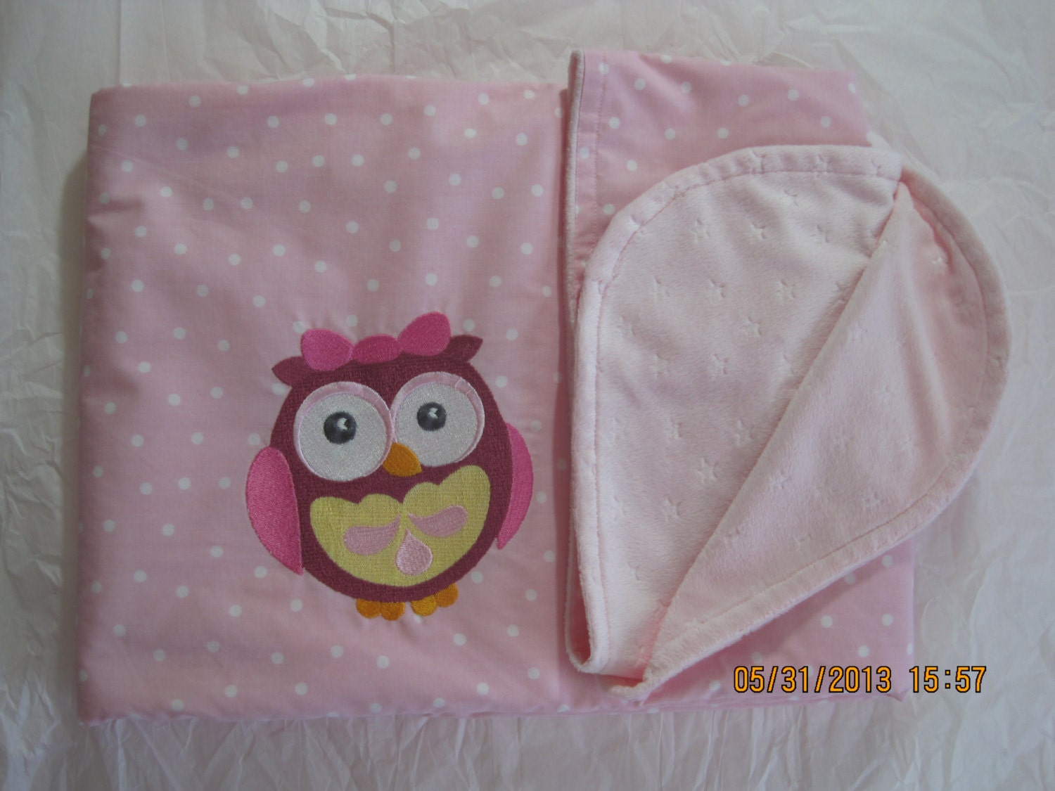 Embroidered owl blanket with star minky backing