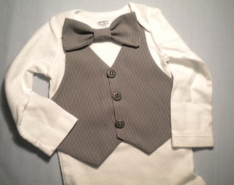Baby Vest Bow Tie Gray Grey Pin Stripe Suit Fabric