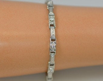 Antique Edwardian Diamond Bracelet 14K White Gold Engraved Bracelet