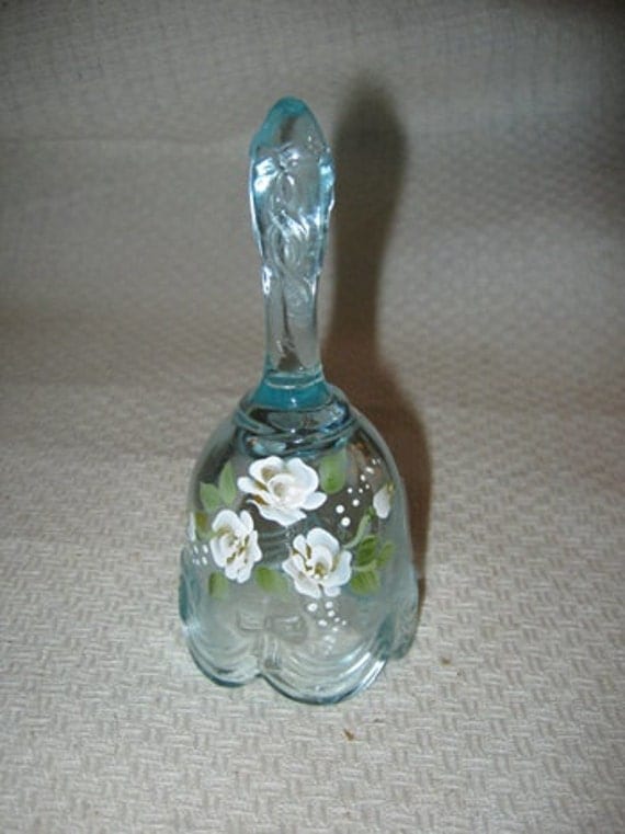 Fenton Handpainted Bell Blue Glass Bell With White Painted