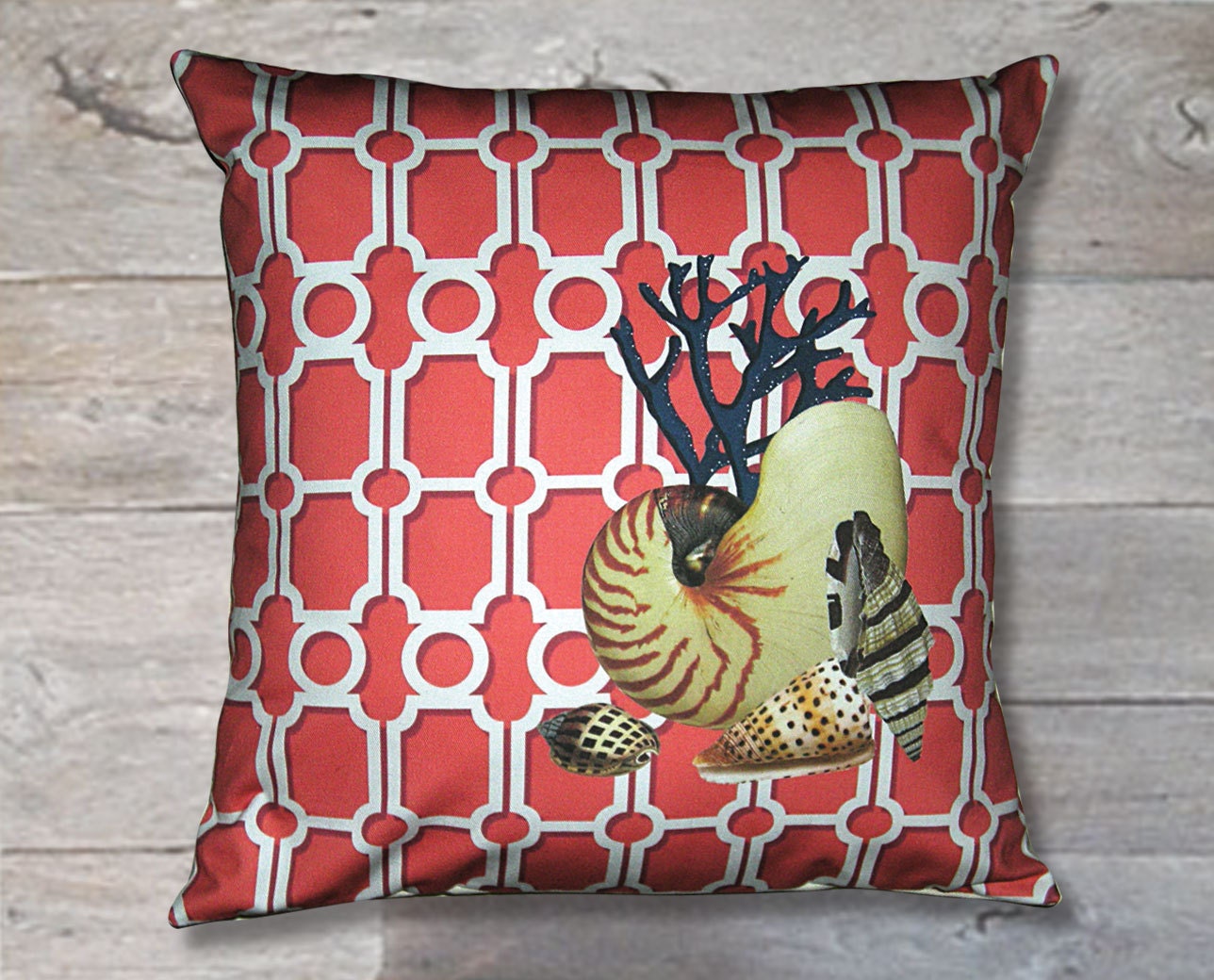 Seashell Trellis Design Pillow Cover Nautilus on Coral