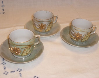 Cups and Saucers - Demitasse - German - Luster - Set of 3 - Vintage