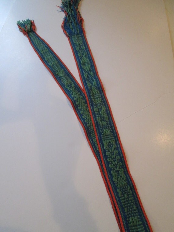 1960s  Blue Mod hippie Guitar   Green guitar or Belt Orange Tie straps Hippie Strap vintage Woven