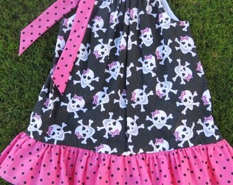 Girls Black and Pink Skulls and Polka Dot Ruffled Pillowcase 3T/4T Dress or a 6/7 Tunic Top