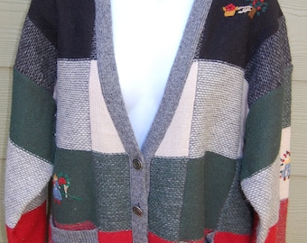 Vintage 1989 Susan Bristol Hand Embroidered Pure Wool Patchwork Cardigan Sweater Size Large