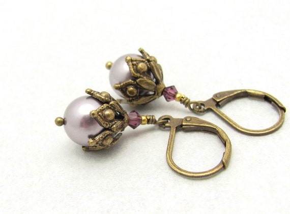 Steampunk Pearl Earrings, Swarovski Crystal Pearls, Lavender Wedding Bridal Bridesmaid, Mother of the Bride, Bohemian Victorian, Dangle Drop by hawaiibeads steampunk buy now online