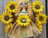 Primitive Sunflower Wreath with Folk Art Doll