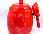 Poppy Red Ceramic Canister with matching scoop  - Storage Jar Ready to Ship Today