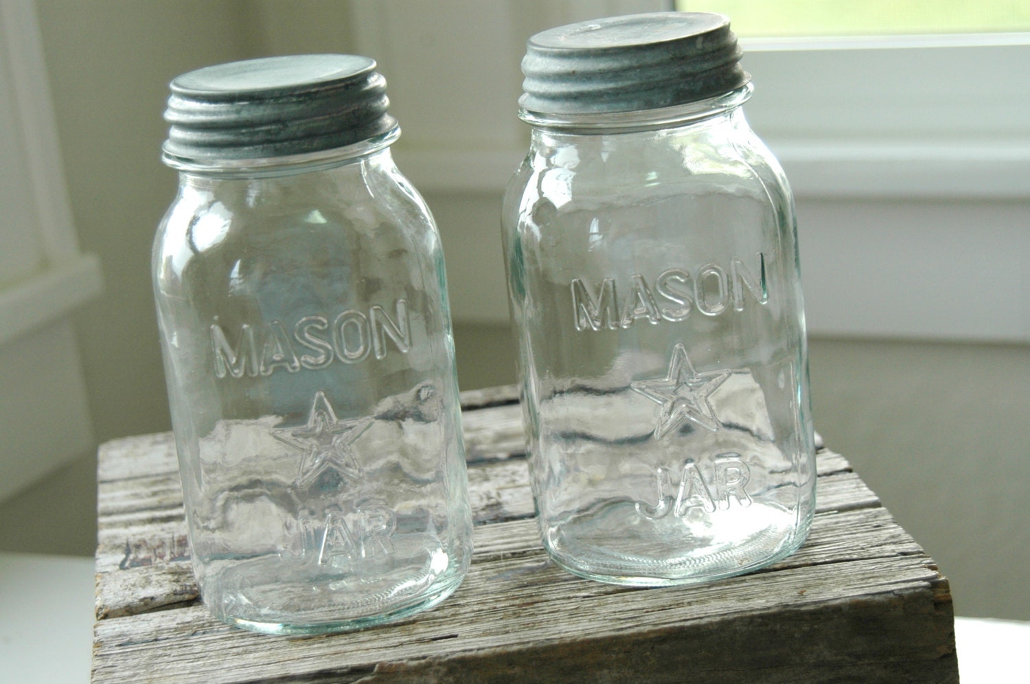 2 vintage . Star Mason Jars with Zinc Lids . French Country