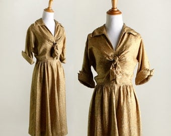 Vintage 1940s Dress - Mustard Yellow Swirls and Dots Day Dress - Small Medium
