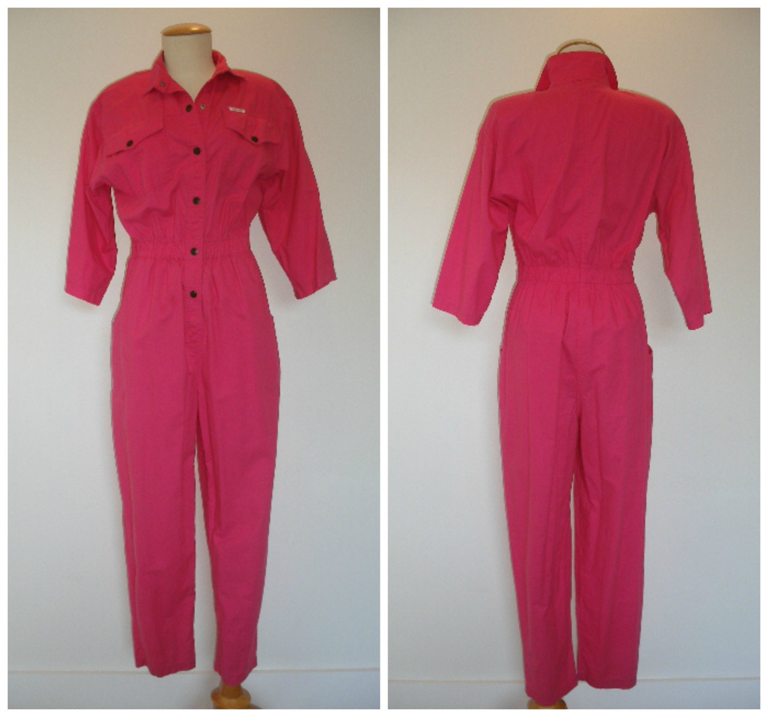 80s jumpsuit hot pink safari style jumpsuit snap by vintagestew