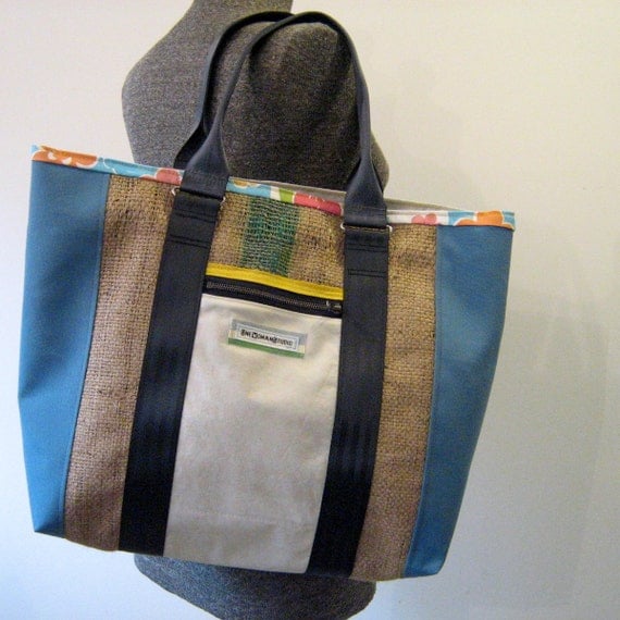 Items similar to Repurposed Canvas, Burlap and Duck Cloth Tote Bag ...