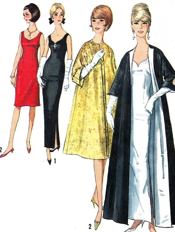 1960s Evening Dress Pattern Simplicity 5710 Womens Sweetheart Neckline Evening Dress and Coat Vintage Sewing Pattern Bust 34