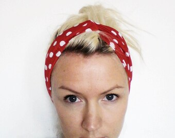 The Twist Turban Headband- In Red and White Polka Dot Print