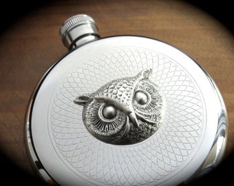 Owl Flask Silver Flask Round Flask Gothic Victorian Flask Steampunk Flask Vintage Inspired Reproduction