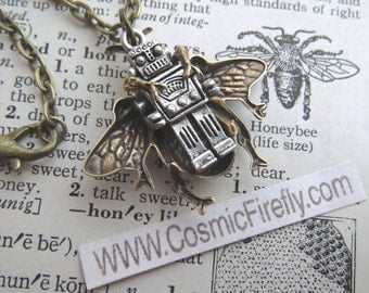 Steampunk Necklace Robot Bee Necklace Silver Robot Necklace BEEBOT Original Design By Cosmic Firefly Reversible Double Sided