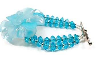 Flower Bracelet, Double Strand Bracelet, Aqua Blue Bracelet, Women's Bracelet, Handmade Jewelry