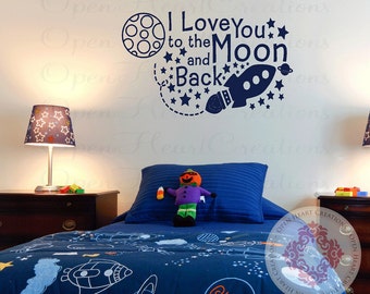 Space Wall Decal with I Love You to the Moon and Back Saying - Playroom Boy Nursery Wall Quote - Planets Stars and Rocket 22h x 36w BA0381