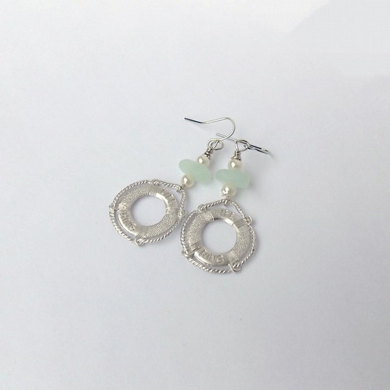 CLEARANCE .. Silver Life Ring Earrings Aqua Sea Glass Glass Pearl ...